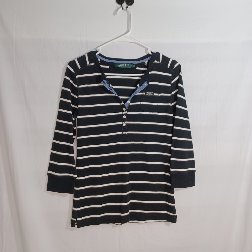 Girls Lauren Ralph Lauren Black and White Stripe Classic Long Sleeve  Size Large